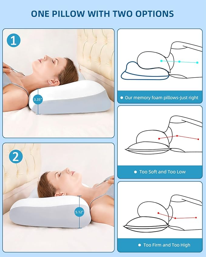 Sleep Pillow Ergonomic Contour Design Cooling Memory Foam Pillows for Neck Support, Side & Back Sleepers Gray
