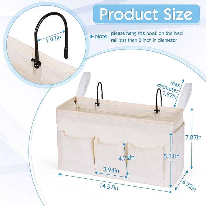 Ozzptuu Bedside Storage Caddy/Bedside Hanging Storage Bag for Headboards Bunk Beds Dorm Rooms Book Phone Magazine Holder (New White)