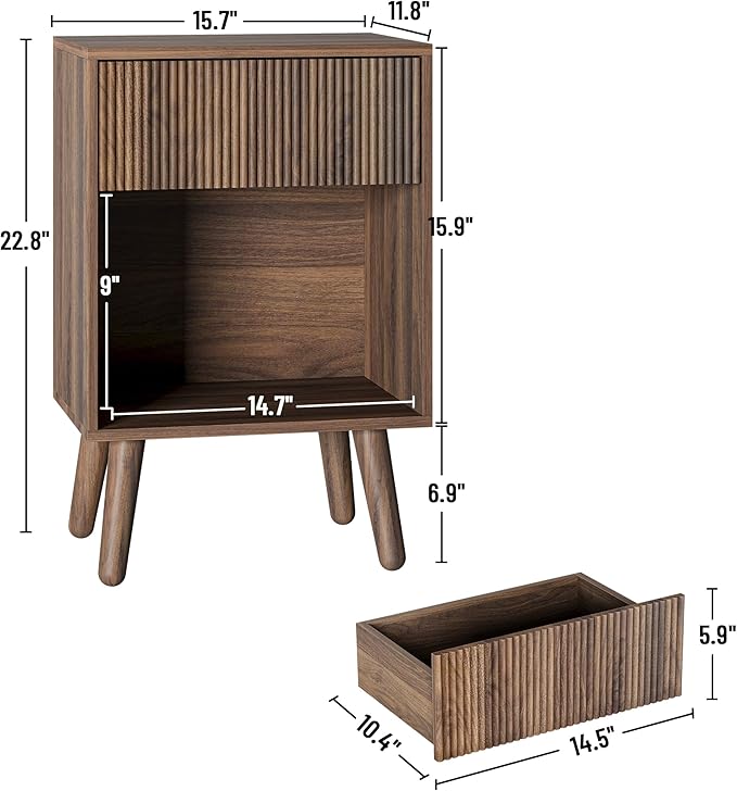 Nightstand, Modern Bedside Table with Storage Drawers and Open Wood Shelf, Night Stand with Solid Wood Legs, End Tables Side Tables for Living Room, Bedroom Walnut