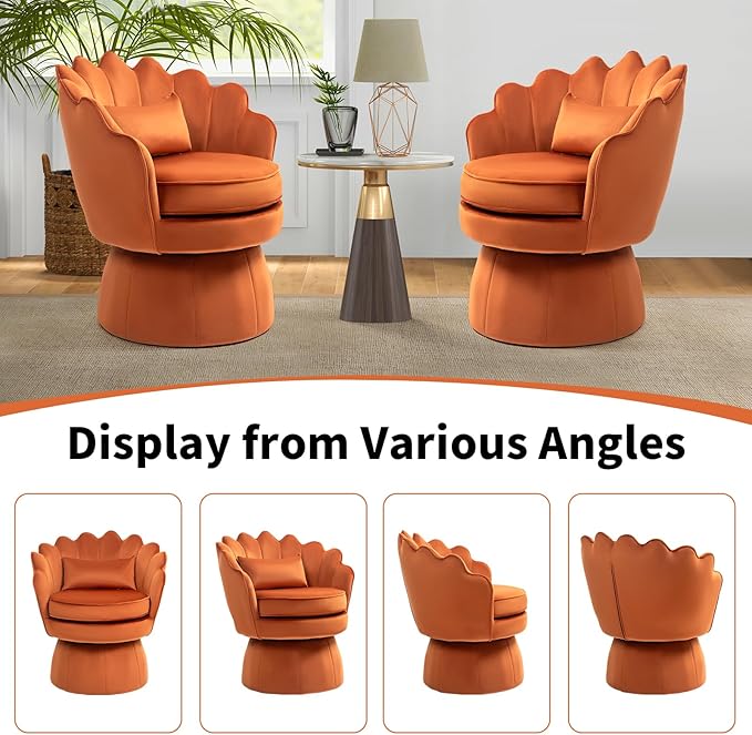 360° Swivel Accent Chair, Mid-Century Modern Velvet Barrel Chair, Comfy Shell Shape Arm Chair with Lumbar Pillow for Living Room, Bedroom, Office, Orange