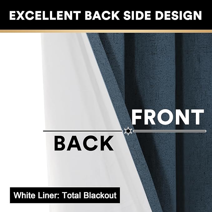 PrinceDeco Primitive Textured Linen 100% Blackout Curtains for Bedroom/Living Room Energy Saving Window Treatment Curtain Drapes, Burlap Fabric with White Thermal Insulated Liner (52 x 96 Inch, Navy)