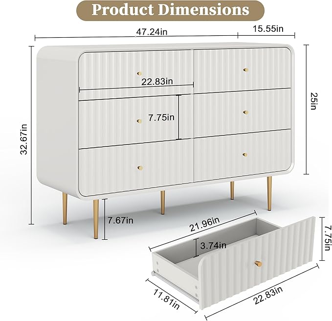 HLR Fluted 6 Drawers Dresser, 48'' Wide Modern Chest of Drawers with Gold Metal Handles,Dresser TV Stand for 2 Piece, Wood Dressers & Chest of Drawers for Bedroom, Living Room, Hallway (White)