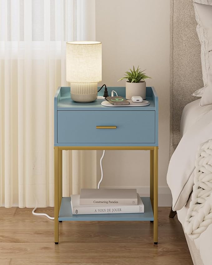 Masupu Nightstand with Charging Station,3-Tier Modern Bedside Night Stand with Storage Drawer and Shelf,Small End Side Table for Bedroom,Living Room,Gold and Blue