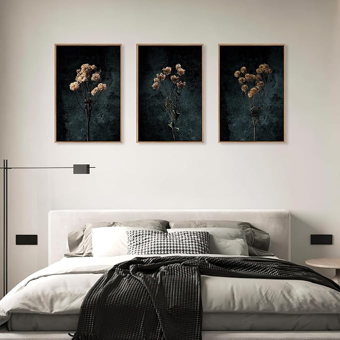 LHIUEM Dark Moody Wildflowers Framed Canvas Wall Art Set,Minimalist Wildflower Wall Decor,Vintage Black Flower Botanical Painting, Aesthetic Floral Artwork for Living Room,Bedroom,Office-16''x24''x3