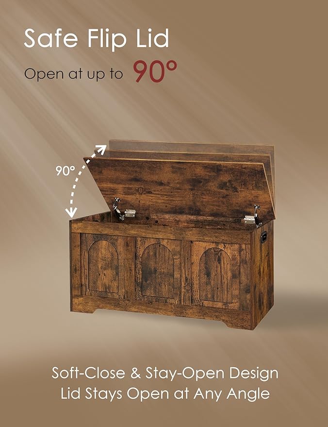 DINZI LVJ Storage Chest, 39.4” Wooden Toy Box with 2 Safety Hinges, Entryway Shoe Bench with Flip-Top, Sturdy Large Storage Trunk for Living Room, Bedroom, Playroom, Easy Assembly, Rustic Brown