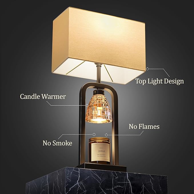 PoKat Table Lamps with Candle Warmer & Timer for Bedroom, Modern Bedside Lamps Set of 2 for Night Stands, 21.5'' Bedroom Lamps Decor for Living Room, Side Table, Hallway, Bulbs Included, Matte Black