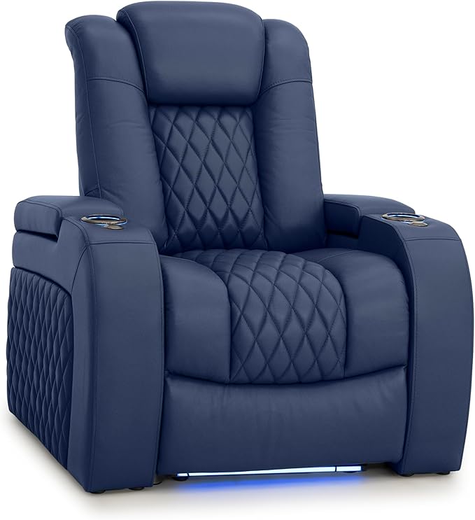 Seatcraft Diamante Zero-Gravity CoolZero Italian Leather Home Theater Seating, Power Headrest, Power Recline, Single Recliner, Navy Blue