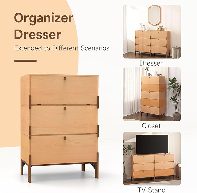 Stackable 3 Drawers Dresser, Customizable Chest of Drawers for Bedroom, Living Room, Hallway, Entryway, Easy Assembly Wood Furnitures Cabinet, 24 inch Width Beech Color