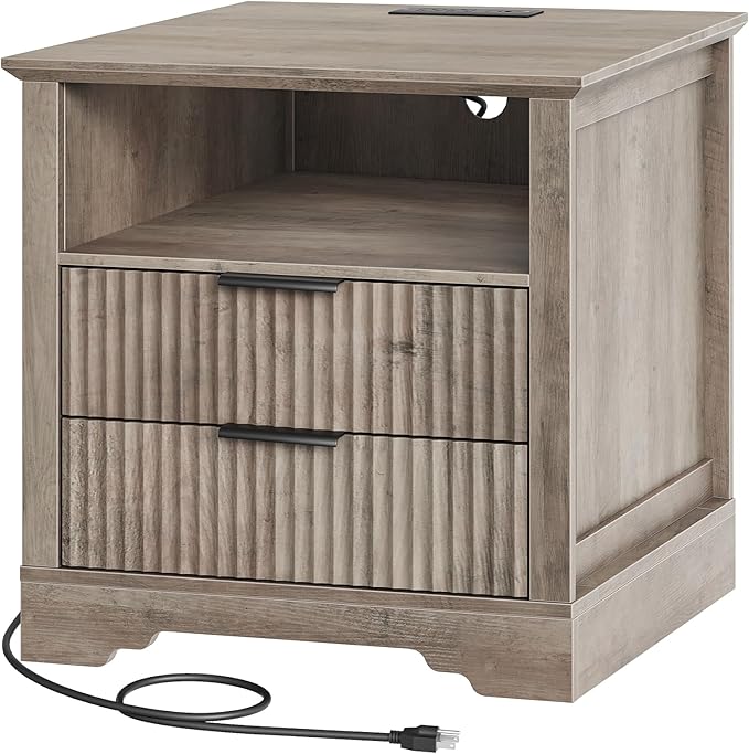Farmhouse Fluted End Table with Charging Station, 24'' Sofa Side Table with 2 Drawers, Farmhouse Bedside Table with Storage, Large Nightstand for Bedroom, Living Room, Greige