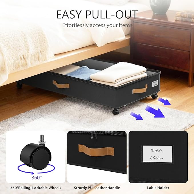 Under Bed Storage with Wheels 2-Pack, 75L XXL Under the Bed Storage Containers Large, 12" Tall Adjustable Storage for Underbed with Lids, Rolling for Clothes, Shoes, Blankets (Black)