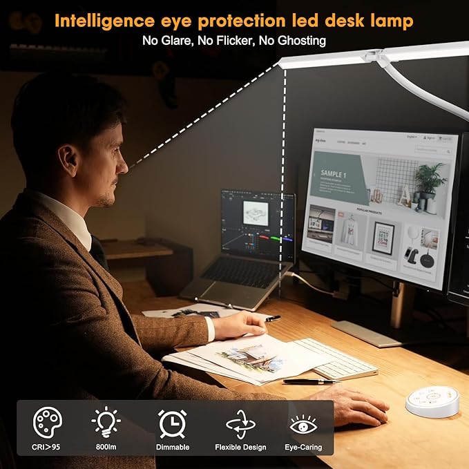 Led Desk Lamp for Office Home - Eye Caring Architect lamp with Clamp,Dual Screen Computer Monitor Work Smart Light: 24W 5 Color Flexible Adjustable Lighting Table Lamp for Study Drafting Beige