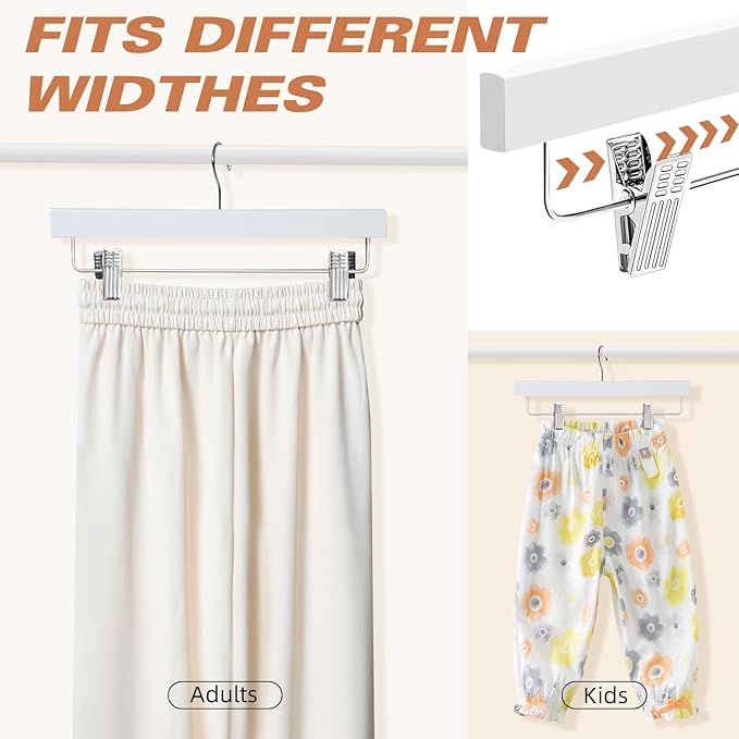 BAGAIL 10 Pack Wooden Pants Hangers with Adjustable Clips, 360°Swivel Hook Space Saving Skirt Holders with Anti-Rust Clips for Trousers, Jeans, Shorts (White)