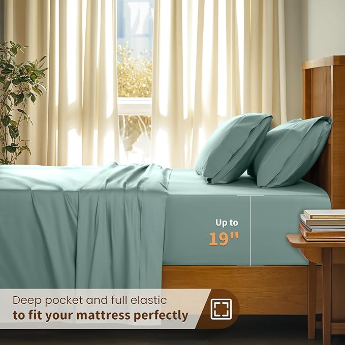 LBRO2M 100% Cotton Sheets Set Deep Pocket 19", 1000 Thread Count King Size 4 Piece Bed Sheet Sets Soft Comfortable Bedding All Season (King, Sage Green)