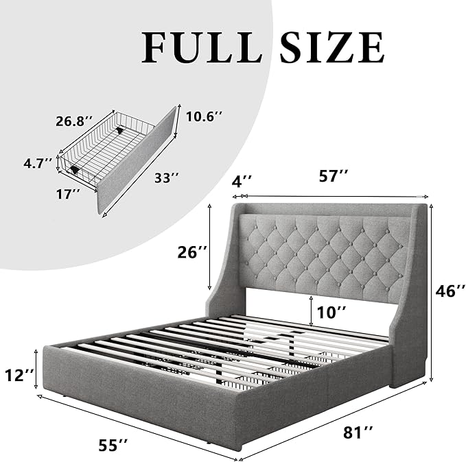 iPormis Full Size Bed Frame with 4 Storage Drawers, Upholstered Platform Bed Frame with Type-C & USB Ports, Wingback Storage Headboard, Solid Wood Slats, No Box Spring Needed, Light Gray