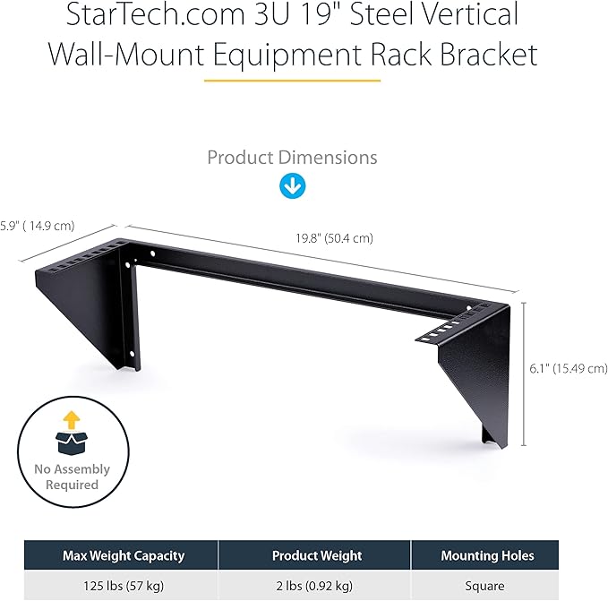 StarTech.com 3U 19" Wall Mount Vertical Rack Bracket, Wall Mount Patch Panel Bracket for Data/AV/IT/Computer Equipment, 3U Rack for Cabinet or Server Room, Supports 150lb (68kg) , TAA (RK319WALLV)