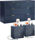 LEYAOYAO 48" Wide Fluted Dresser and 3 Drawers 23" Nightstand Set of 2, Wooden Dresser & Night Stand with Charging Station, 3 Piece Bedroom Furniture Set, Chest of Drawer for Living Room,Navy Blue
