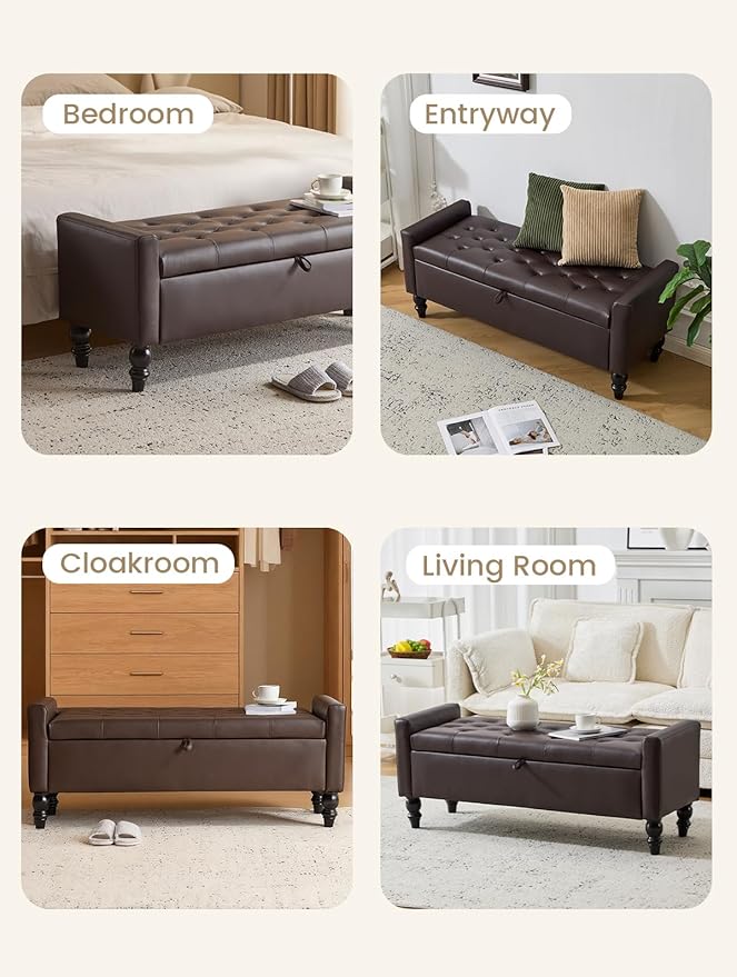 47" Storage Ottoman Bench, Faux Leather Upholstered Ottoman with Storage, End of Bed Bench for Bedroom, Living Room, Entryway, Window (Brown)