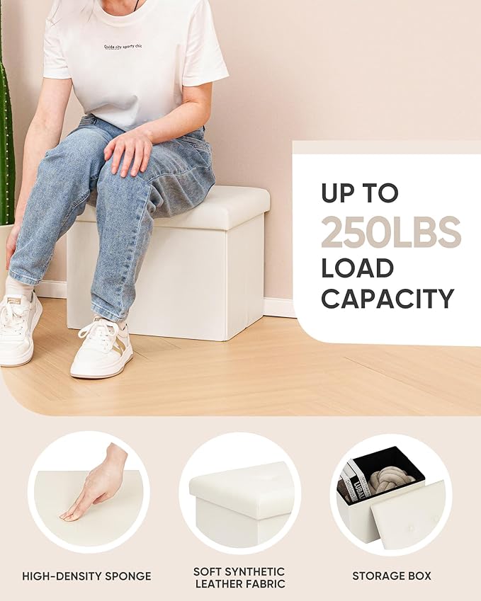 B FSOBEIIALEO Folding Storage Ottoman, Faux Leather Footrest Seat Coffee Table Toy Chest Kids, White 16.5"x12.6"x12.6"