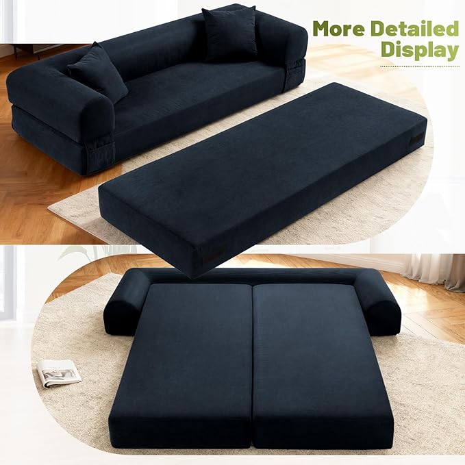 Convertible Futon Sofa Bed,80" Folding Pull Out Couch Bed with Storage,Queen Sleeper Sofa Bed,Compressed Couch in a Box,Corduroy Boneless Couches for Living Room,Deep Blue