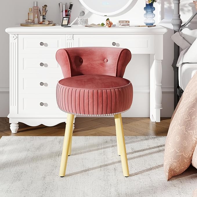 CHARMAID Velvet Vanity Chair for Bedroom, Elegant Accent Chair with Tufted Low Back, Solid Wood Legs, Upholstered Seat, Modern Makeup Stool for Dressing Room, Home Office (Burgundy & Natural)