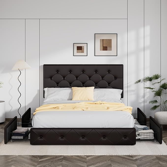 Allewie Upholstered Full Size Platform Bed Frame with 4 Storage Drawers and Headboard, Diamond Stitched Button Tufted, Mattress Foundation with Wooden Slats Support, No Box Spring Needed, Black Brown