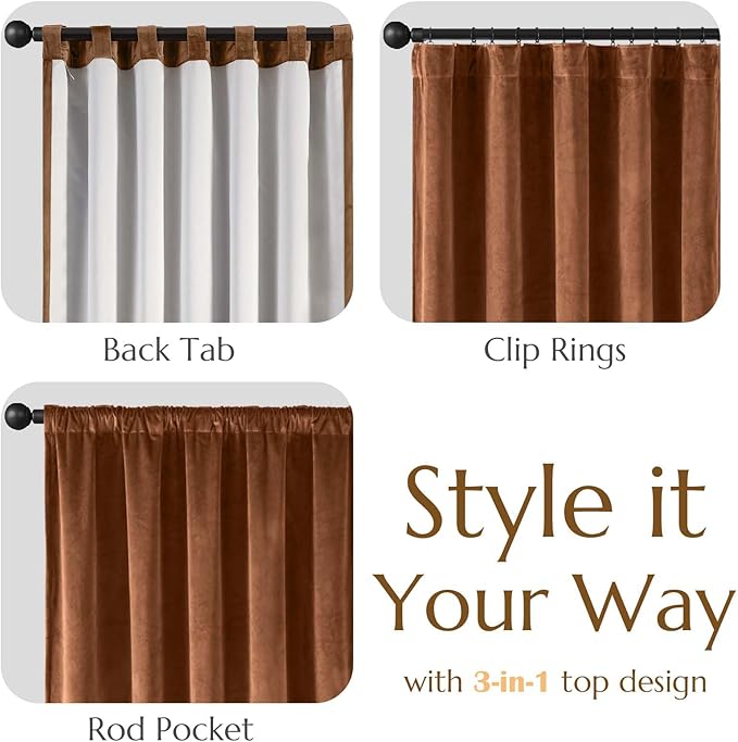Lazzzy Burnt Orange Velvet Blackout Curtains 90 Inches Long Thermal Insulated Room Darkening Curtain Drapes Luxury Back Tab Window Treatments for Bedroom Living Room 2 Panels, 52 x 90 Inch, Caramel