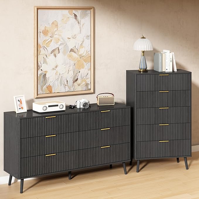 CARPETNAL Fluted 6 Drawer Dresser for Bedroom, 55" Wide Wooden Chest of Drawers with Rounded Corners, Gold Handles, Modern Storage Organizer for Bedroom, Hallway(Black)