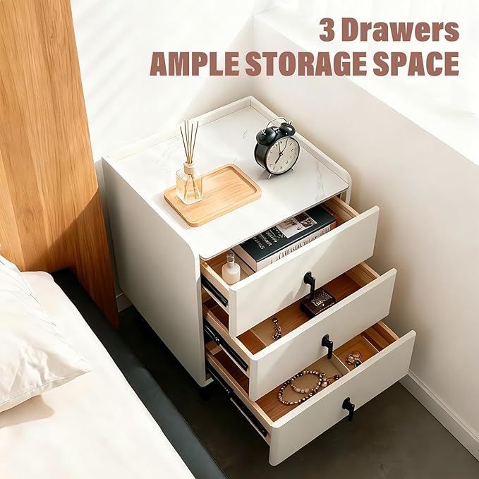 Lamberia Narrow Nightstand with 3 Drawers, Narrow Side Table, Small Bedside Table for Bedroom, Living Room, End Table for Small Space, Cream White，15.8''W x 15.8" D x 23.5" H