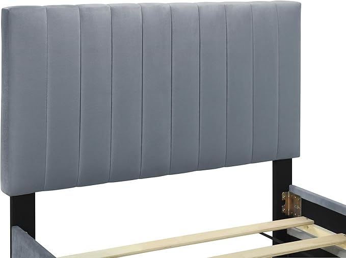 Twin Bed Frame with Trundle Bed,Velvet Upholstered Bed Frame,Twin Size Trundle Bed with Headboard,Upholstered Platform Bed Twin for Kids Teens Adults(Gray)