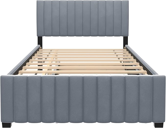 Full Bed Frame with Trundle Bed,Velvet Upholstered Platform Bed Frame,Full Size Trundle Bed with Headboard for Kids Teens Adults(Gray)