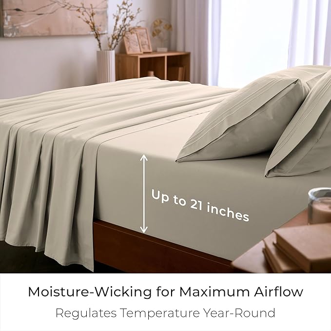 Mellanni California King Sheet Set - 6-Piece Iconic Collection Bedding, (Including 4 Pillowcases), 21-Inch Extra Deep Pocket, Easy Care, Ultra Soft, Cooling Sheets, Brushed Microfiber - Beige