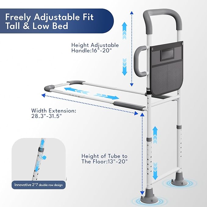 HOMEAL Bed Rails for Elderly Adults Safety - Adjustable Bed Assist Rails for Seniors, Adult Bed Guard Rail with Non-Slip Ergonomic Handle,Storage Pocket & Fixing Strap, 350 Tested(Grey, Without Light)