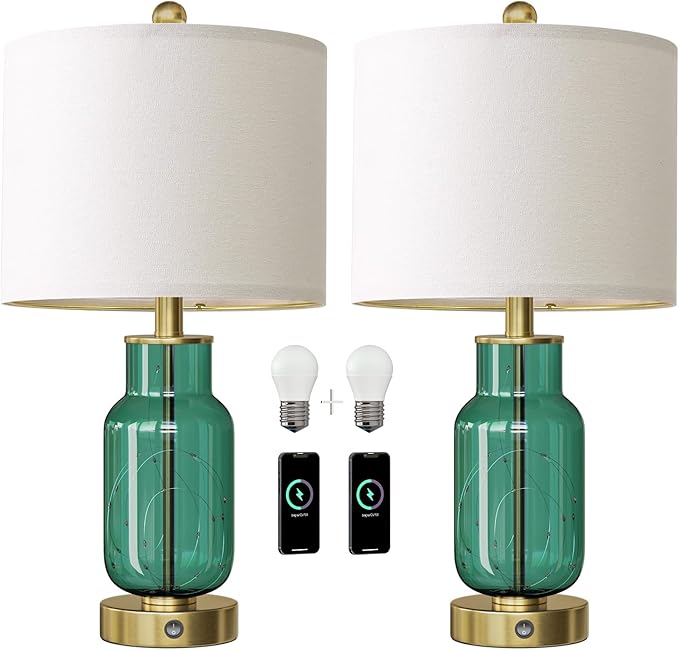 Oneach 22" Glass Table Lamps Set of 2, Green Modern Bedside Lamp with LED Night Light for Living Room, Nightstand Lamp with USB Ports for Bedrooms, Study Room, End Table(2 Bulbs Included)