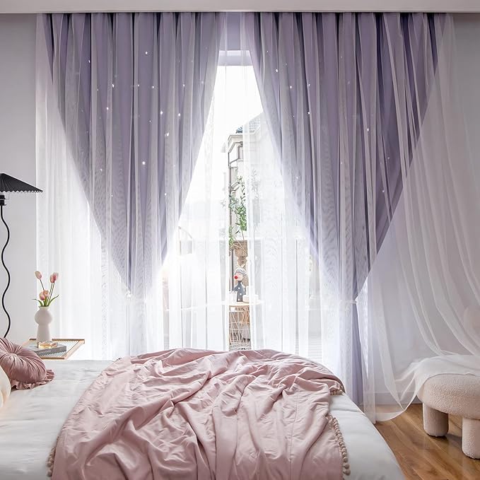 Star Double Layer Blackout Curtains for Bedroom, Kids - Cute, 72 Inch Long, 2 Panels Set, Purple, 42 x 72 Inches