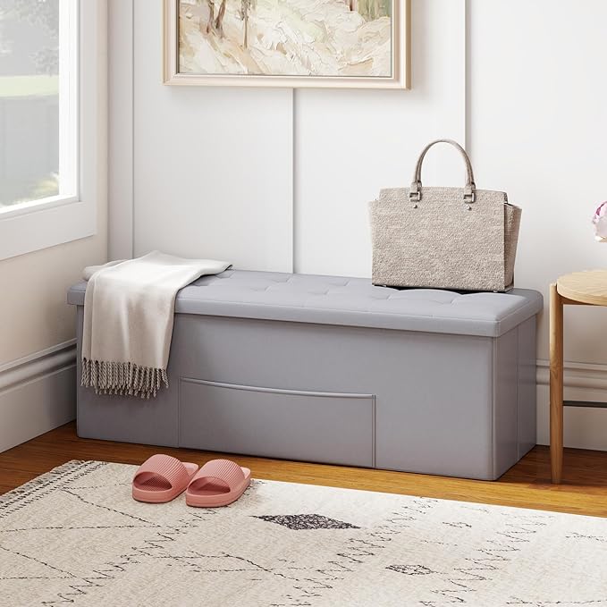 Giantex 43 Inches Folding Storage Ottoman Bench, Upholstered PU Leather Storage Chest with Side Pocket, Padded Seat, End of Bed Bench, Collapsible Ottoman Foot Rest for Living Room, Bedroom & Entryway