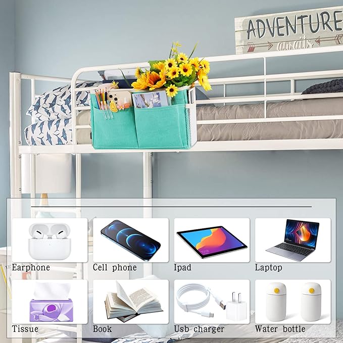 Retyion Bedside Caddy Bedside Storage Organizer Hanging Bunk Bed Dorm Room with Side Pockets for Water Bottles, Books, Cell Phones, Headphones 2 Pack (Light Blue)