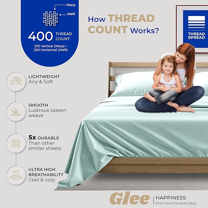 THREAD SPREAD 100% Cotton Queen Sheets Set - 400 Thread Count Queen Size Sheets (4 PC, Sea Foam), 16" Deep Pocket All Around Elastic, Soft, Cooling, Durable & Breathable Sateen Weave Bed Sheet Set