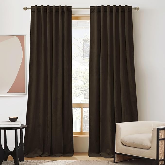 RYB HOME Brown Velvet Curtains 84 inches, Back Tab Soft Fabric Blackout Heat Blocking Luxurious Home Decor Curtains for Living Room Bedroom, W 52" x L 84", 2 Panels Set