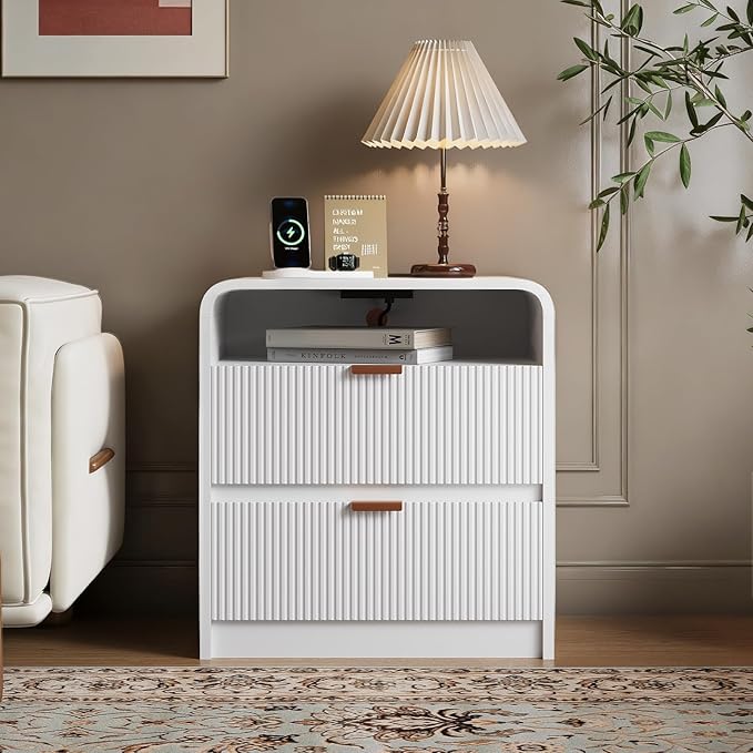 24” Fluted Nightstand with Charging Station, Modern Bedside Table with 2 Drawers, Curved Profile Design, Wooden End Table with Storage for Bedroom, Living Room, White