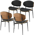 Art Leon Genuine Leather Dining Chairs Set of 4, Mid Century Modern, Upholstered Kitchen Dining Room, Armless Accent with Walnut Bendwood, Brown
