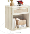 LEYAOYAO Rattan Nightstand with Charging Station, Grey White Night Stand with Drawer, 23" Wide Boho Bedside Table with Storage Shelf, Bed Side End Tables for Bedroom, Living Room, Hallway