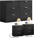 LEYAOYAO 48" Wide Fluted Dresser and 3 Drawers 23" Nightstand Set of 2, Wooden Dresser & Night Stand with Charging Station, 3 Piece Bedroom Furniture Set, Chest of Drawer for Living Room,Black