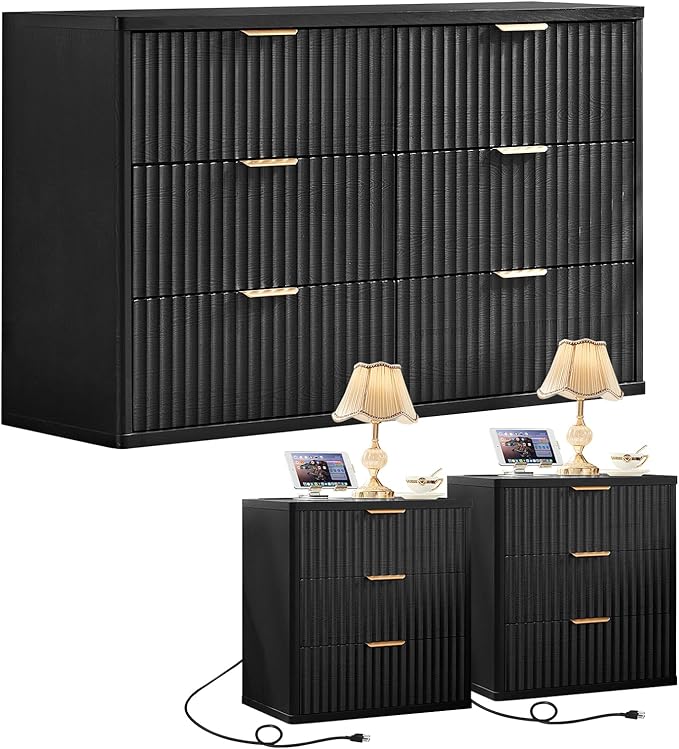 LEYAOYAO 48" Wide Fluted Dresser and 3 Drawers 23" Nightstand Set of 2, Wooden Dresser & Night Stand with Charging Station, 3 Piece Bedroom Furniture Set, Chest of Drawer for Living Room,Black