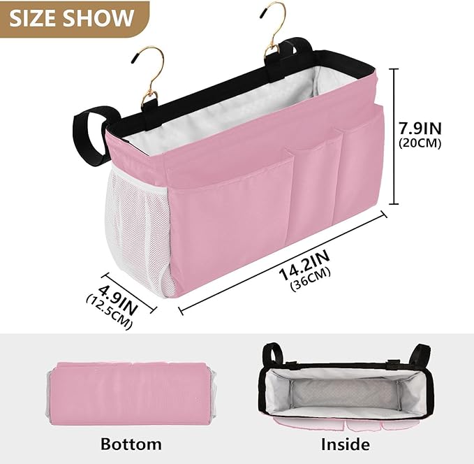 KOPIRIT Rose Red Bedside Caddy Storage Bag Bedside Organizer for Dorm Room Top Bunk Bed Hanging Storage Organizer 6 Pockets with Hooks for Book Glasses Phone Holder