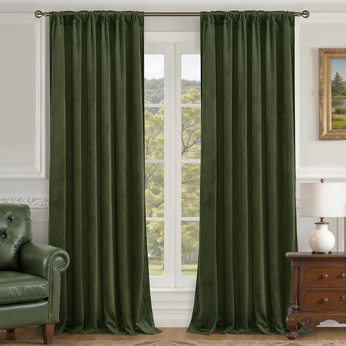 LAMIT 90 Inches Velvet Curtains for Living Room, Olive Green Thermal Insulated Blackout Curtains Luxury Room Darkening Back Tab and Rod Pocket Window Drapes for Bedroom, 2 Panels, 52 x 90 Inch