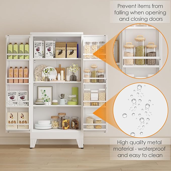47" Kitchen Pantry Cabinet, Metal Storage Cabinet with 3 Adjustable Layer Shelves, 8 Door Shelves, Buffet Sideboard for Living Room, Kitchen, White