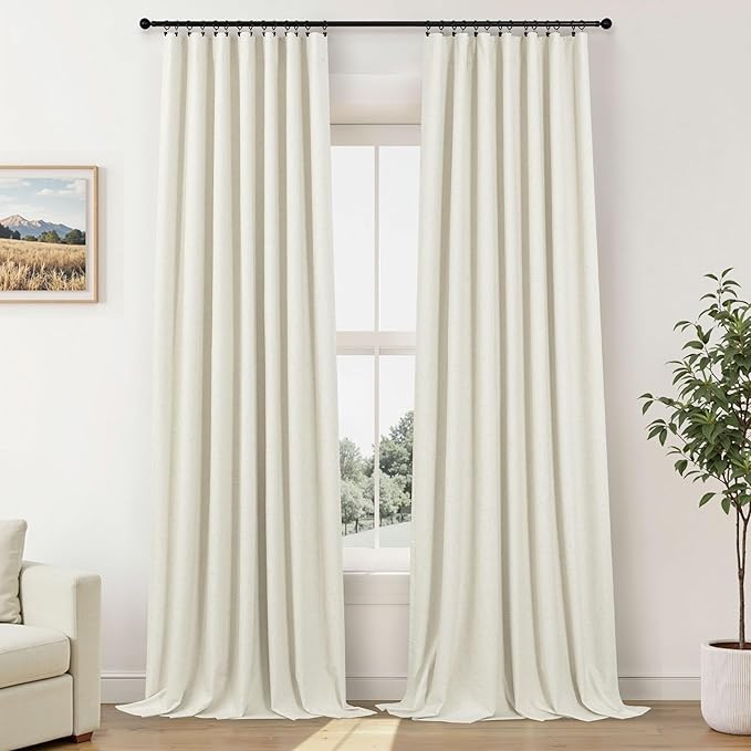 Total Blackout Curtains 96 Inches Long for Bedroom 2 Panel Cute Black Out Curtains for Living Room Light Blocking Thermal Noise Reduction Linen Textured Rustic Country 8ft Back Tab Pleated Cream Ivory