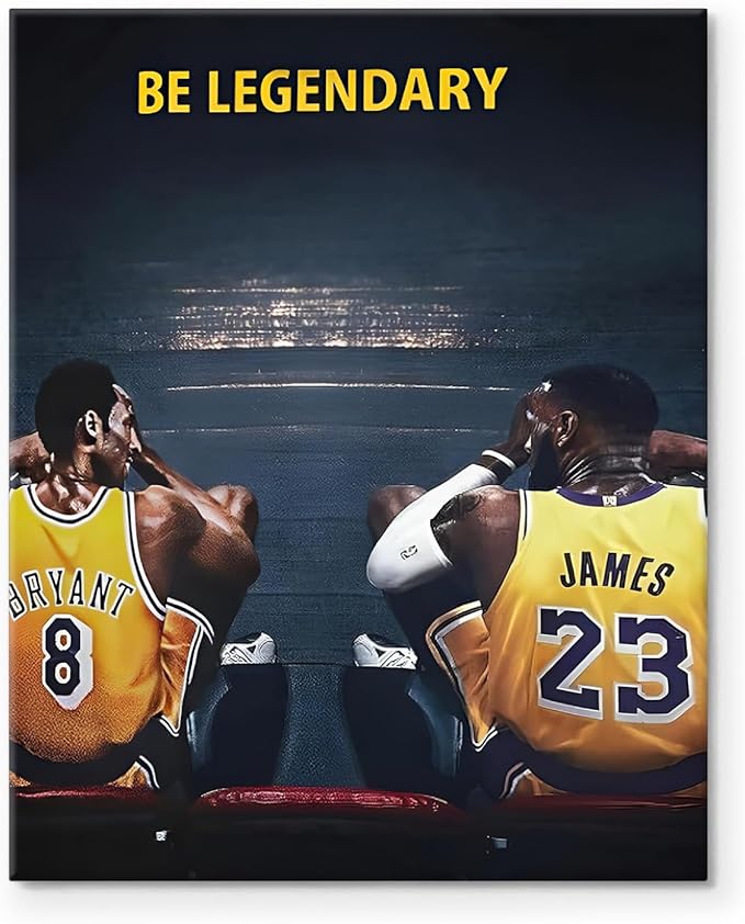 Kobe Bryant and LeBron James Canvas Wall Art Print Poster, Be Legendary Inspirational Sports Picture Artwork, Motivational Mamba Mentality Wall Decor for Home Office Gym Living Room, Framed 20x24inch
