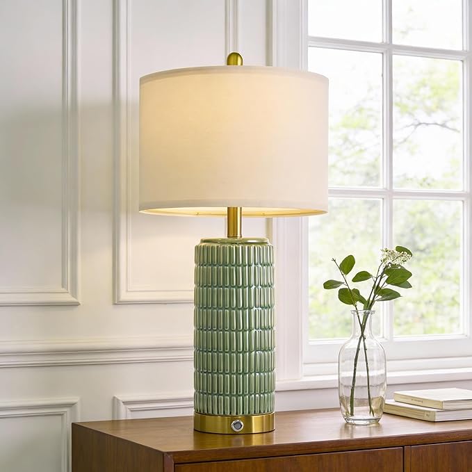 PoKat 25'' Bedside Table Lamps Set of 2 for Living Room with USB A&C Ports, Touch Lamps with 3-Way Dimmable Control for Bedroom, Farmhouse Green Lamps for Nightstand Office Hallway (Bulbs Included)
