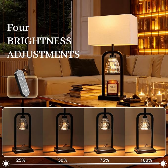 PoKat Table Lamps with Candle Warmer & Timer for Bedroom, Modern Bedside Lamps Set of 2 for Night Stands, 21.5'' Bedroom Lamps Decor for Living Room, Side Table, Hallway, Bulbs Included, Matte Black